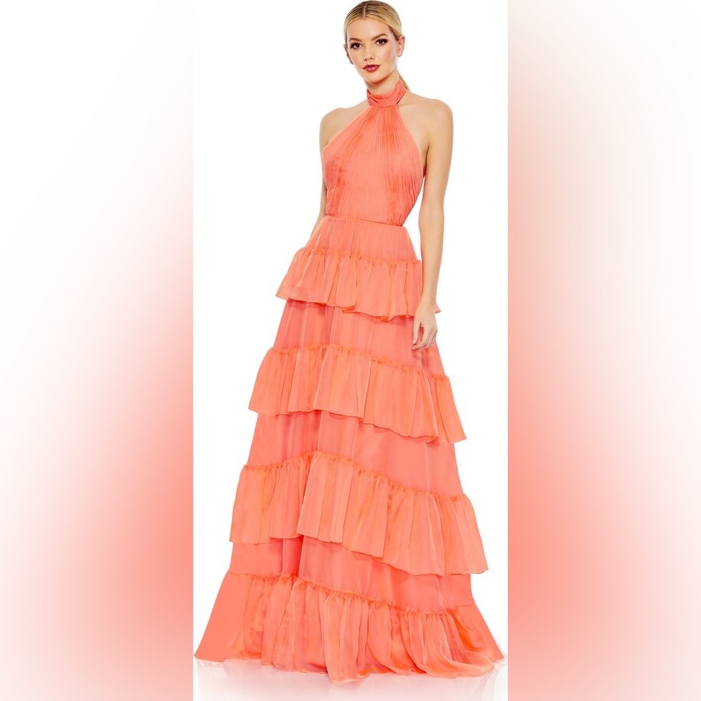 Leena for Mac Duggal Ruffled Tiered Pleated Halter Neck A Line Gown